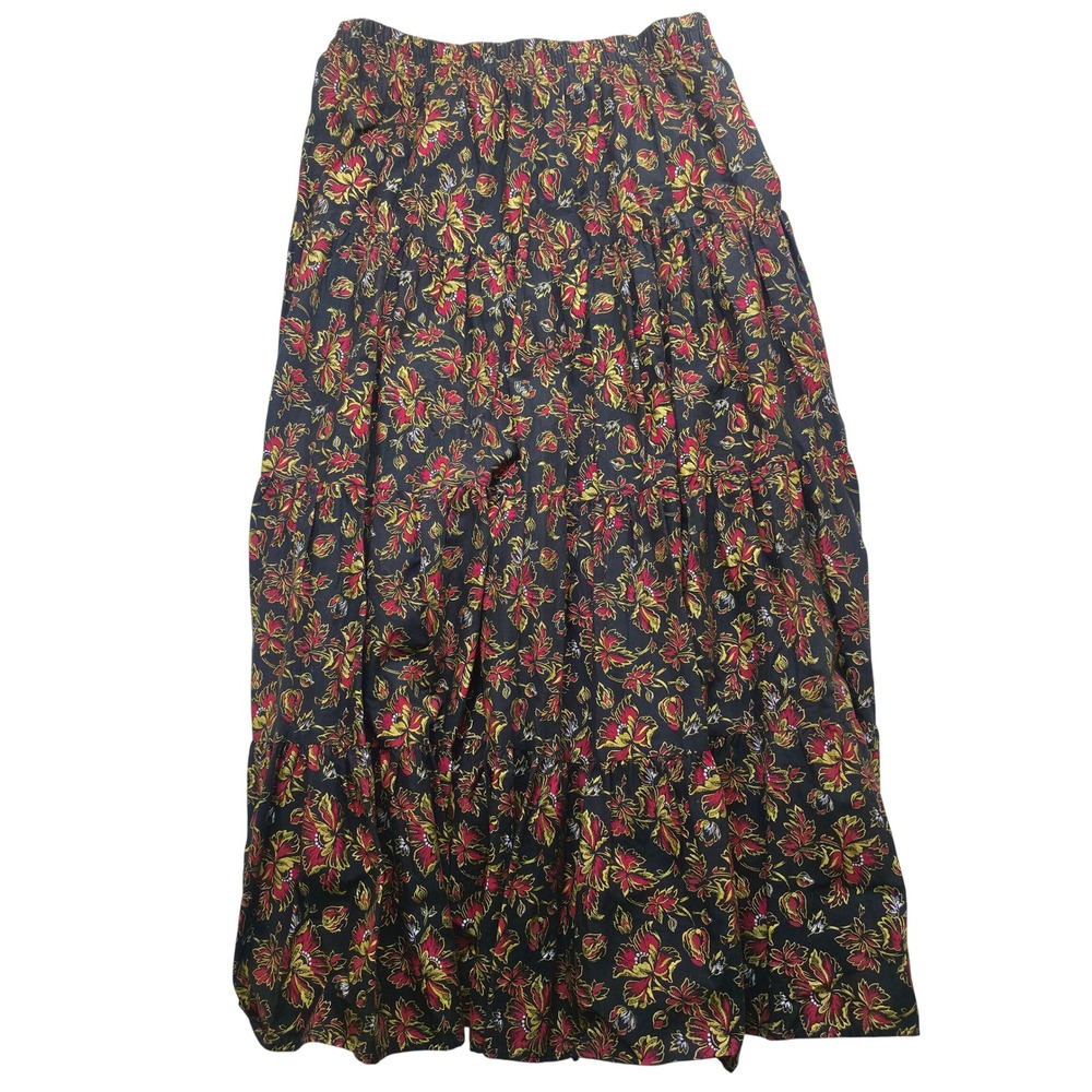 Ozark Mountain Jean Company Floral Tiered Maxi Skirt Black Red Gold Medium USA